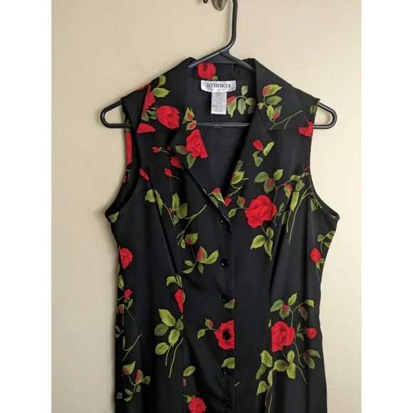 Vintage 90s size 8 rose print black floral button down midi dress - Picture 3 of 9